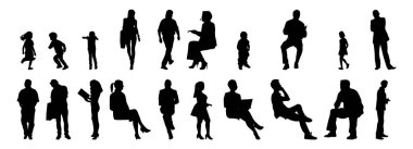 Vektör siluetleri, insanların ana hatları, Contour çizimleri, insanların siluetleri, ikon kümesi izole edilmiş, oturan insanların silueti, mimari set