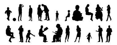 Vektör siluetleri, insanların ana hatları, Contour çizimleri, insanların siluetleri, ikon kümesi izole edilmiş, oturan insanların silueti, mimari set