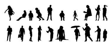 Vektör siluetleri, insanların ana hatları, Contour çizimleri, insanların siluetleri, ikon kümesi izole edilmiş, oturan insanların silueti, mimari set