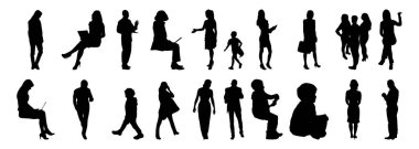 Vektör siluetleri, insanların ana hatları, Contour çizimleri, insanların siluetleri, ikon kümesi izole edilmiş, oturan insanların silueti, mimari set