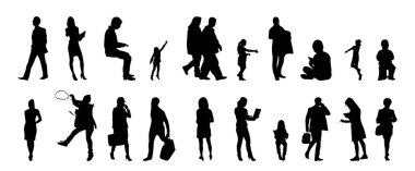 Vektör siluetleri, insanların ana hatları, Contour çizimleri, insanların siluetleri, ikon kümesi izole edilmiş, oturan insanların silueti, mimari set