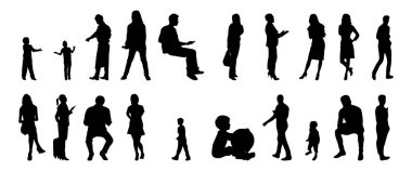 Vektör siluetleri, insanların ana hatları, Contour çizimleri, insanların siluetleri, ikon kümesi izole edilmiş, oturan insanların silueti, mimari set
