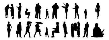 Vektör siluetleri, insanların ana hatları, Contour çizimleri, insanların siluetleri, ikon kümesi izole edilmiş, oturan insanların silueti, mimari set