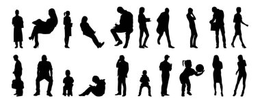 Vektör siluetleri, insanların ana hatları, Contour çizimleri, insanların siluetleri, ikon kümesi izole edilmiş, oturan insanların silueti, mimari set