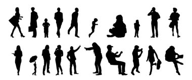 Vektör siluetleri, insanların ana hatları, Contour çizimleri, insanların siluetleri, ikon kümesi izole edilmiş, oturan insanların silueti, mimari set