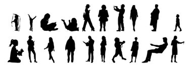 Vektör siluetleri, insanların ana hatları, Contour çizimleri, insanların siluetleri, ikon kümesi izole edilmiş, oturan insanların silueti, mimari set