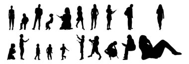 Vektör siluetleri, insanların ana hatları, Contour çizimleri, insanların siluetleri, ikon kümesi izole edilmiş, oturan insanların silueti, mimari set