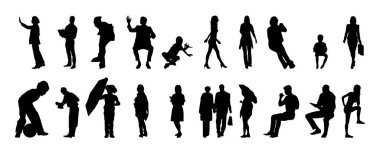 Vektör siluetleri, insanların ana hatları, Contour çizimleri, insanların siluetleri, ikon kümesi izole edilmiş, oturan insanların silueti, mimari set