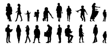 Vektör siluetleri, insanların ana hatları, Contour çizimleri, insanların siluetleri, ikon kümesi izole edilmiş, oturan insanların silueti, mimari set