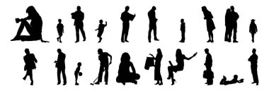 Vektör siluetleri, insanların ana hatları, Contour çizimleri, insanların siluetleri, ikon kümesi izole edilmiş, oturan insanların silueti, mimari set