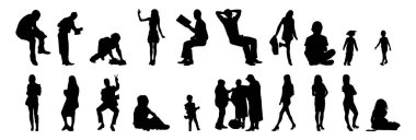 Vektör siluetleri, insanların ana hatları, Contour çizimleri, insanların siluetleri, ikon kümesi izole edilmiş, oturan insanların silueti, mimari set