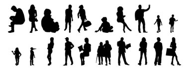 Vektör siluetleri, insanların ana hatları, Contour çizimleri, insanların siluetleri, ikon kümesi izole edilmiş, oturan insanların silueti, mimari set