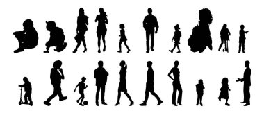 Vektör siluetleri, insanların ana hatları, Contour çizimleri, insanların siluetleri, ikon kümesi izole edilmiş, oturan insanların silueti, mimari set
