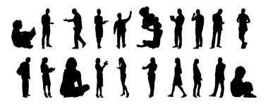 Vektör siluetleri, insanların ana hatları, Contour çizimleri, insanların siluetleri, ikon kümesi izole edilmiş, oturan insanların silueti, mimari set