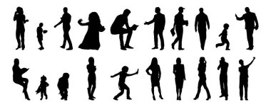 Vektör siluetleri, insanların ana hatları, Contour çizimleri, insanların siluetleri, ikon kümesi izole edilmiş, oturan insanların silueti, mimari set