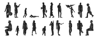 Vektör siluetleri, insanların ana hatları, Contour çizimleri, insanların siluetleri, ikon kümesi izole edilmiş, oturan insanların silueti, mimari set