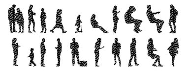 Vektör siluetleri, insanların ana hatları, Contour çizimleri, insanların siluetleri, ikon kümesi izole edilmiş, oturan insanların silueti, mimari set