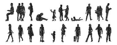 Vektör siluetleri, insanların ana hatları, Contour çizimleri, insanların siluetleri, ikon kümesi izole edilmiş, oturan insanların silueti, mimari set