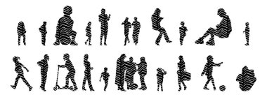 Vektör siluetleri, insanların ana hatları, Contour çizimleri, insanların siluetleri, ikon kümesi izole edilmiş, oturan insanların silueti, mimari set