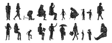 Vektör siluetleri, insanların ana hatları, Contour çizimleri, insanların siluetleri, ikon kümesi izole edilmiş, oturan insanların silueti, mimari set