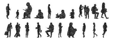 Vektör siluetleri, insanların ana hatları, Contour çizimleri, insanların siluetleri, ikon kümesi izole edilmiş, oturan insanların silueti, mimari set