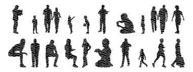 Vektör siluetleri, insanların ana hatları, Contour çizimleri, insanların siluetleri, ikon kümesi izole edilmiş, oturan insanların silueti, mimari set