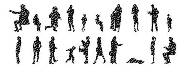 Vektör siluetleri, insanların ana hatları, Contour çizimleri, insanların siluetleri, ikon kümesi izole edilmiş, oturan insanların silueti, mimari set