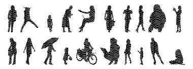 Vektör siluetleri, insanların ana hatları, Contour çizimleri, insanların siluetleri, ikon kümesi izole edilmiş, oturan insanların silueti, mimari set