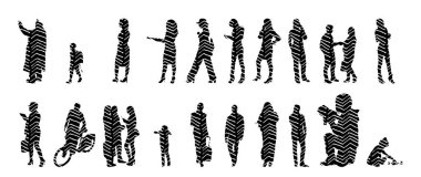 Vektör siluetleri, insanların ana hatları, Contour çizimleri, insanların siluetleri, ikon kümesi izole edilmiş, oturan insanların silueti, mimari set