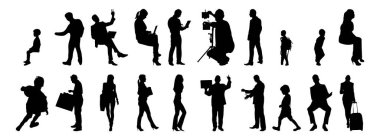 Vektör siluetleri, insanların ana hatları, Contour çizimleri, insanların siluetleri, ikon kümesi izole edilmiş, oturan insanların silueti, mimari set