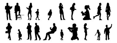 Vektör siluetleri, insanların ana hatları, Contour çizimleri, insanların siluetleri, ikon kümesi izole edilmiş, oturan insanların silueti, mimari set