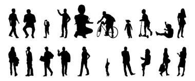 Vektör siluetleri, insanların ana hatları, Contour çizimleri, insanların siluetleri, ikon kümesi izole edilmiş, oturan insanların silueti, mimari set