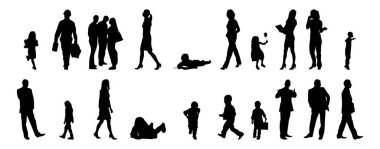 Vektör siluetleri, insanların ana hatları, Contour çizimleri, insanların siluetleri, ikon kümesi izole edilmiş, oturan insanların silueti, mimari set