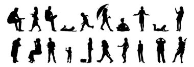 Vektör siluetleri, insanların ana hatları, Contour çizimleri, insanların siluetleri, ikon kümesi izole edilmiş, oturan insanların silueti, mimari set