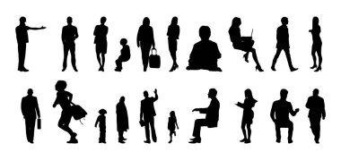 Vektör siluetleri, insanların ana hatları, Contour çizimleri, insanların siluetleri, ikon kümesi izole edilmiş, oturan insanların silueti, mimari set