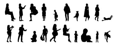 Vektör siluetleri, insanların ana hatları, Contour çizimleri, insanların siluetleri, ikon kümesi izole edilmiş, oturan insanların silueti, mimari set