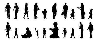 Vektör siluetleri, insanların ana hatları, Contour çizimleri, insanların siluetleri, ikon kümesi izole edilmiş, oturan insanların silueti, mimari set