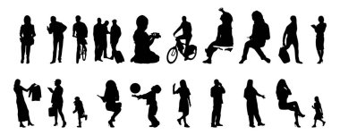 Vektör siluetleri, insanların ana hatları, Contour çizimleri, insanların siluetleri, ikon kümesi izole edilmiş, oturan insanların silueti, mimari set