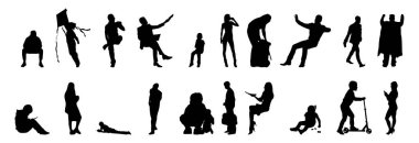 Vektör siluetleri, insanların ana hatları, Contour çizimleri, insanların siluetleri, ikon kümesi izole edilmiş, oturan insanların silueti, mimari set