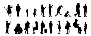 Vektör siluetleri, insanların ana hatları, Contour çizimleri, insanların siluetleri, ikon kümesi izole edilmiş, oturan insanların silueti, mimari set