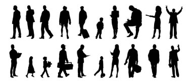 Vektör siluetleri, insanların ana hatları, Contour çizimleri, insanların siluetleri, ikon kümesi izole edilmiş, oturan insanların silueti, mimari set