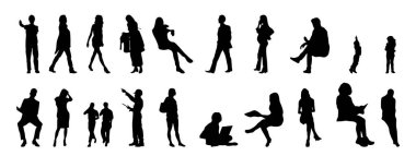 Vektör siluetleri, insanların ana hatları, Contour çizimleri, insanların siluetleri, ikon kümesi izole edilmiş, oturan insanların silueti, mimari set
