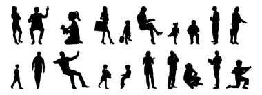 Vektör siluetleri, insanların ana hatları, Contour çizimleri, insanların siluetleri, ikon kümesi izole edilmiş, oturan insanların silueti, mimari set