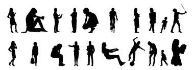 Vektör siluetleri, insanların ana hatları, Contour çizimleri, insanların siluetleri, ikon kümesi izole edilmiş, oturan insanların silueti, mimari set