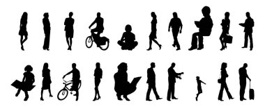 Vektör siluetleri, insanların ana hatları, Contour çizimleri, insanların siluetleri, ikon kümesi izole edilmiş, oturan insanların silueti, mimari set
