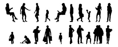 Vektör siluetleri, insanların ana hatları, Contour çizimleri, insanların siluetleri, ikon kümesi izole edilmiş, oturan insanların silueti, mimari set