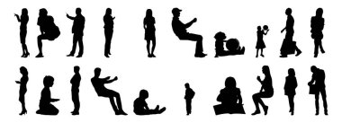 Vektör siluetleri, insanların ana hatları, Contour çizimleri, insanların siluetleri, ikon kümesi izole edilmiş, oturan insanların silueti, mimari set