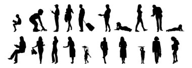 Vektör siluetleri, insanların ana hatları, Contour çizimleri, insanların siluetleri, ikon kümesi izole edilmiş, oturan insanların silueti, mimari set