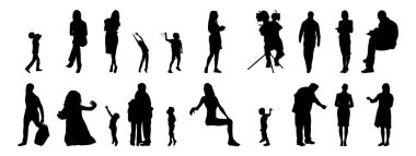 Vektör siluetleri, insanların ana hatları, Contour çizimleri, insanların siluetleri, ikon kümesi izole edilmiş, oturan insanların silueti, mimari set
