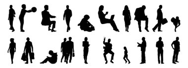 Vektör siluetleri, insanların ana hatları, Contour çizimleri, insanların siluetleri, ikon kümesi izole edilmiş, oturan insanların silueti, mimari set